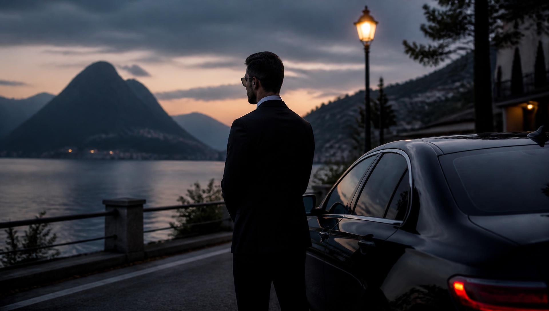Agente di sicurezza accanto a un'auto executive sul lungolago ticinese al tramonto